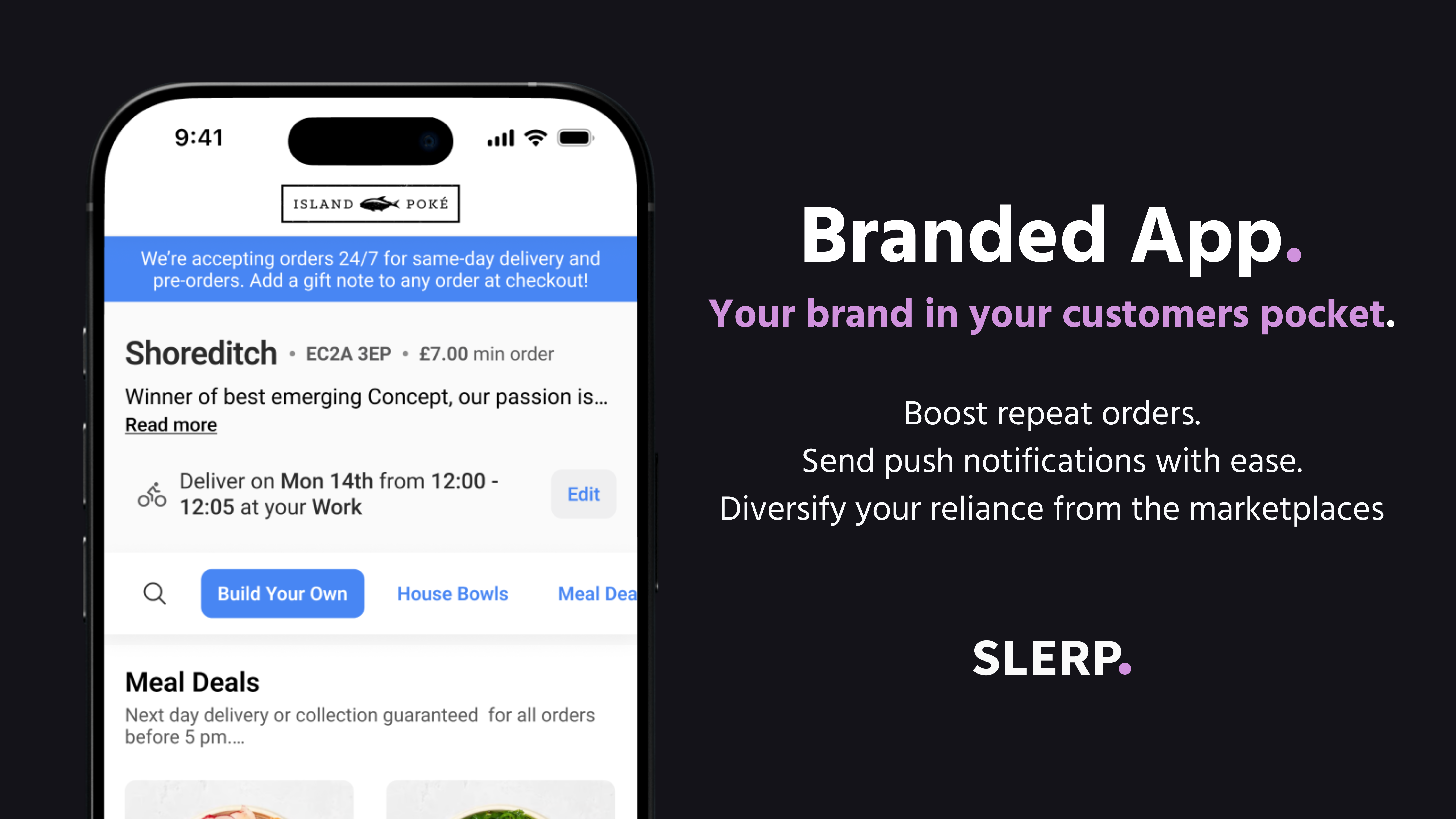 Fully branded Slerp app experience with dietary tags
